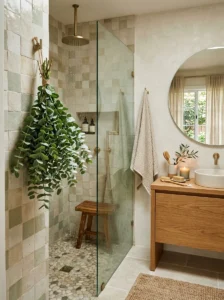 Eucalyptus decor in calming spa bathroom