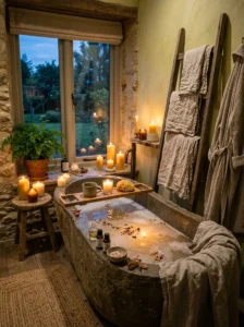 Cozy imperfect spa bathroom styling