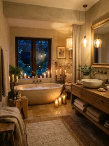 Warm ambient lighting in spa-inspired bathroom