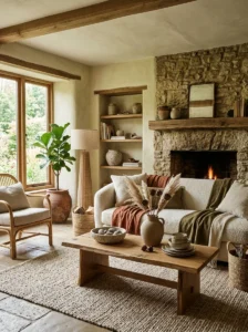 Stone and ceramic accents in an earthy living room
