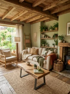 Sustainable materials used in an earthy living room