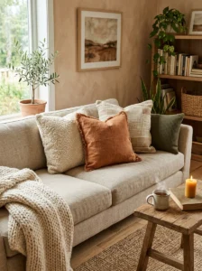 Textured throw pillows in an earthy living room