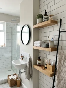 Vertical storage solutions in a small full bathroom