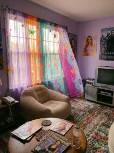 Vintage-inspired curtains in a cozy Y2K living room