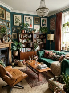 Mix of vintage and modern decor in maximalist room