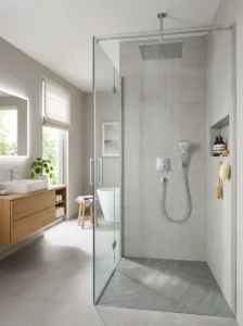 Walk-in shower with clean modern bathroom design
