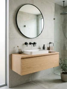 Wall-mounted faucets in a sleek modern bathroom