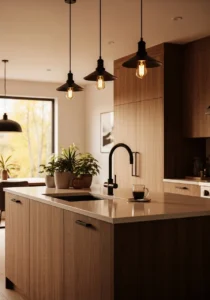 Walnut kitchen with matte black accents