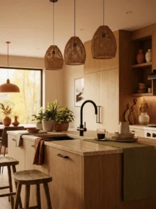 Soft beige and clay tones in earthy kitchen