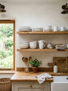 Coordinated white dishes displayed on open shelves