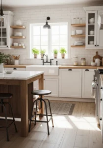 White cabinets with black hardware in farmhouse kitchen