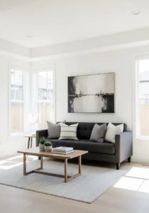Dark grey couch against bright white walls