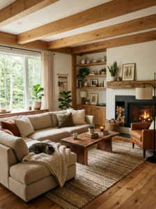 Wooden accents adding warmth to a cozy living room