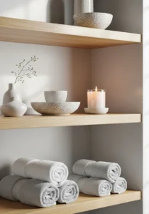 Minimal open shelving in spa-inspired bathroom