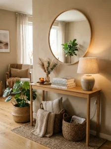 Slim console table decorating an empty living room corner