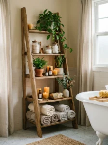Ladder shelf storage in modern bathroom