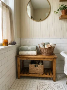Storage bench in cozy bathroom