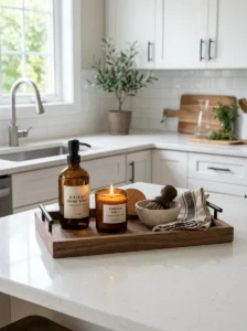 Decorative tray organizing kitchen counter essentials