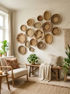 Decorative woven wall baskets in a cozy home interior