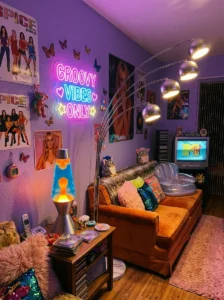 Statement lighting creating a retro Y2K living room atmosphere