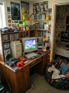 Retro multimedia corner in a Y2K-inspired living room