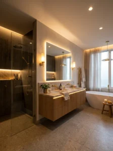 Layered lighting creating a relaxing bathroom atmosphere