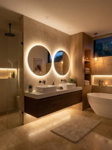 Layered lighting in a modern bathroom interior