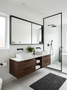Matte black fixtures in a modern bathroom design