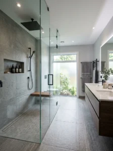 Walk-in shower in a modern renovated bathroom