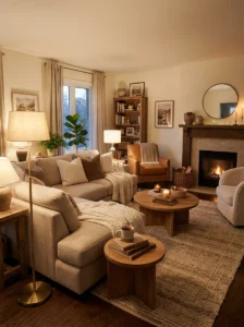 Warm neutral colors creating a cozy living room atmosphere