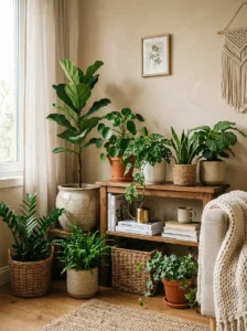 Grouped indoor plants creating a cozy focal point