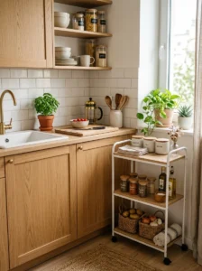 Tiny kitchen with rolling cart storage and warm neutral decor.