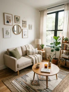 Compact neutral sofa in a cozy small apartment living room
