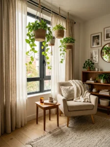 Hanging indoor plants in a cozy modern apartment