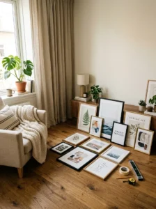 Planning a gallery wall layout on the floor before hanging