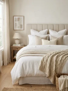 Aesthetic bed with layered bedding, decorative pillows, and textured blanket.