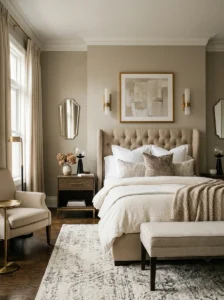 Transitional bedroom blending traditional and contemporary design elements.
