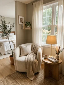 Cozy bedroom reading corner with soft accent chair and warm lighting.