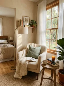 Dream room featuring a cozy reading corner with books and warm lighting.