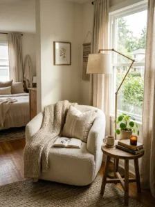 Cozy bedroom reading corner with soft chair and warm natural light.