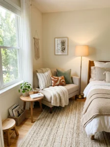 Compact loveseat in a cozy bedroom sitting area