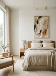 Alt Text: Hotel-inspired minimalist bedroom with luxurious neutral styling.