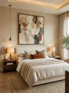Aesthetic bedroom featuring large statement artwork above the bed.