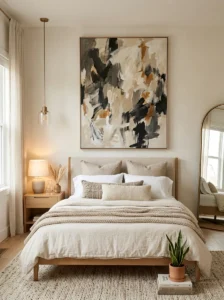 Dream bedroom featuring large statement artwork above the bed.
