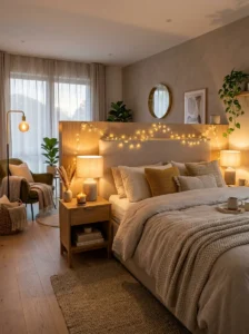 Aesthetic bedroom with layered lighting from lamps and warm fairy lights.