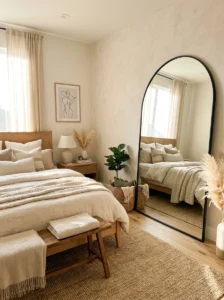 Aesthetic bedroom featuring a large arched statement mirror.