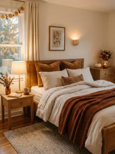 Warm bedroom with earthy autumn bedding and cozy textures.
