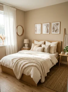 Neutral aesthetic bedroom with beige decor, soft bedding, and natural sunlight.
