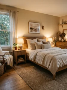 Warm beige bedroom with cozy layered decor and soft lighting.