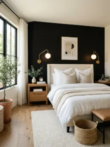 Bedroom featuring a matte black accent wall behind the bed.